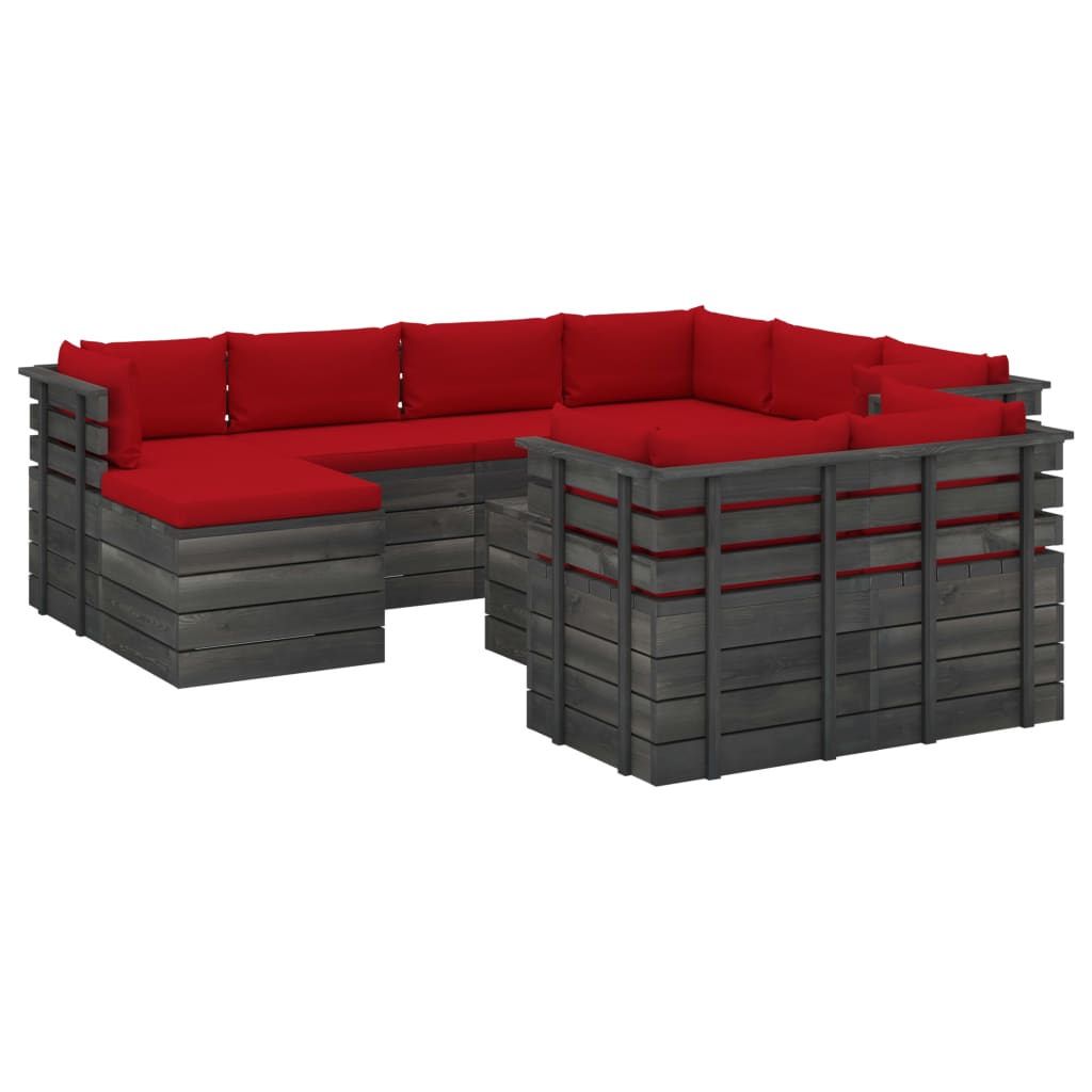 Set mobilier de gradina din paleti cu 10 piese cu perne, vidaXL, Lemn, 60 x 65 x 71.5 cm, Rosu