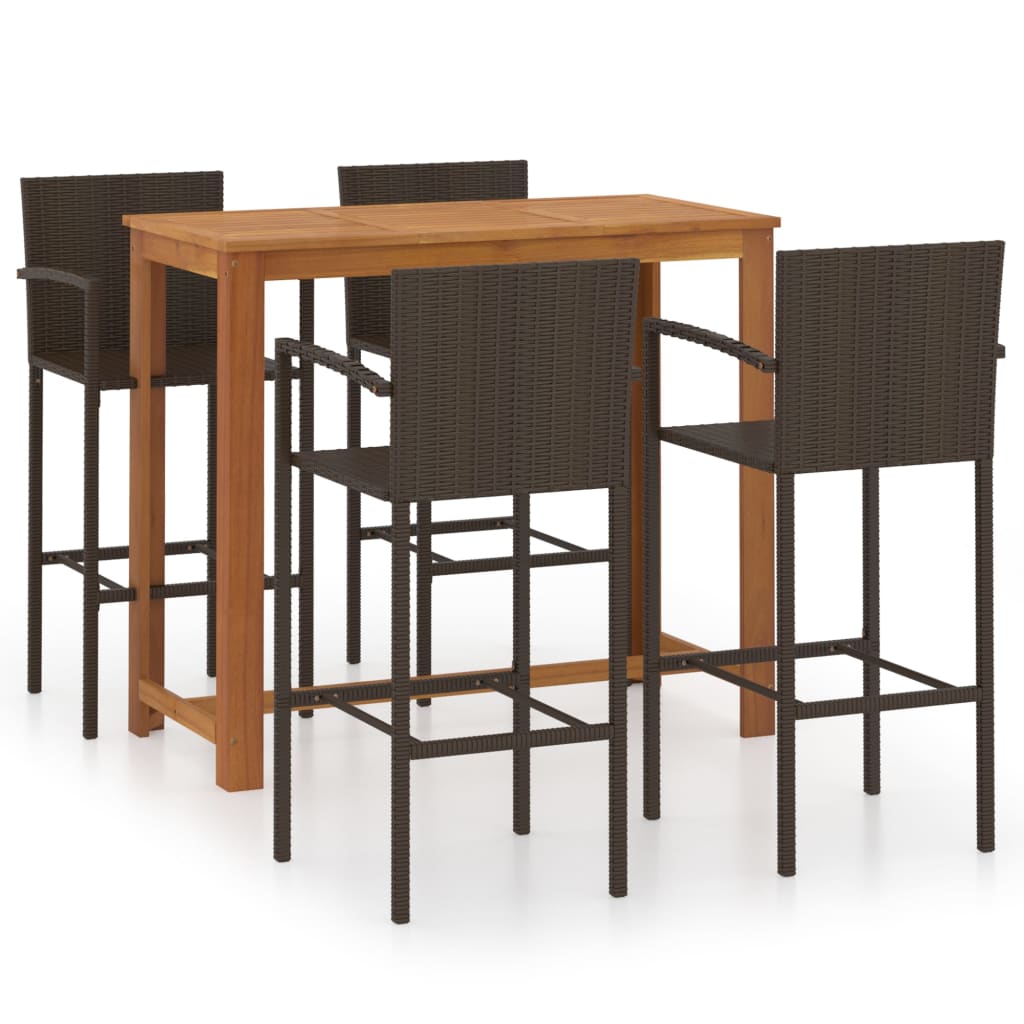 Set bar de gradina cu 1 masa din lemn masiv si 4 scaune inalte, vidaXL, Lemn/Ratan, 120 x 60 x 105 cm, Maro