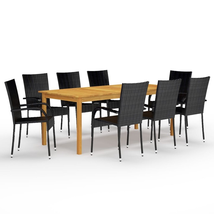 Set mobilier de gradina cu 1 masa din lemn masiv si 8 scaune, vidaXL, Lemn/Ratan, 200 x 90 x 74 cm, Negru