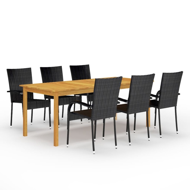Set mobilier de gradina cu 1 masa din lemn masiv si 6 scaune, vidaXL, Lemn/Ratan, 200 x 90 x 74 cm, Negru