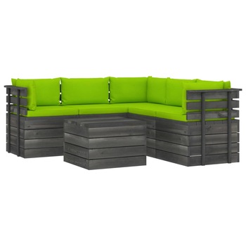 Set mobilier de gradina din paleti cu 1 masa si 5 canapele cu spatar cu perne, vidaXL, Lemn, 60 x 65 x 71.5 cm, Verde deschis