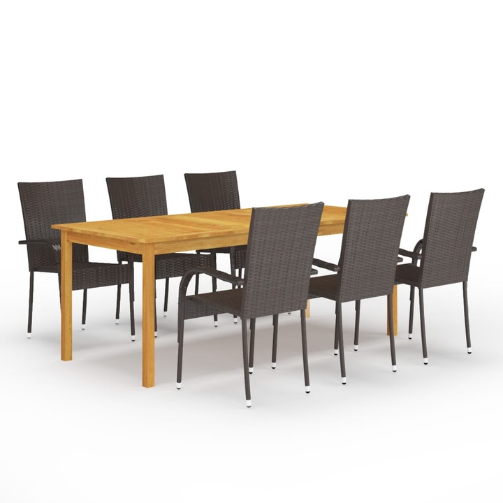 Set mobilier de gradina cu 1 masa din lemn masiv si 6 scaune, vidaXL, Lemn/Ratan, 200 x 90 x 74 cm, Maro