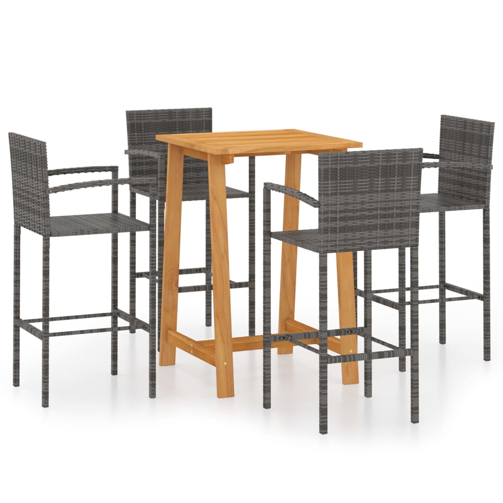 Set bar de gradina cu 1 masa din lemn masiv de acacia si 4 scaune inalte, vidaXL, Lemn/Ratan, 70 x 70 x 104 cm, Gri