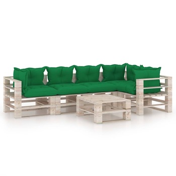 Set mobilier de gradina din paleti cu 1 masa si 5 canapele cu perne colorate, vidaXL, Lemn, 60 x 69.4 x 62 cm, Verde