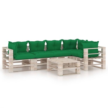 Set mobilier de gradina din paleti cu 1 masa si 5 canapele cu perne colorate, vidaXL, Lemn, 60 x 69.4 x 62 cm, Verde Set mobilier de gradina din paleti cu 1 masa si 5 canapele cu perne colorate, vidaXL, Lemn, 60 x 69.4 x 62 cm, Verde