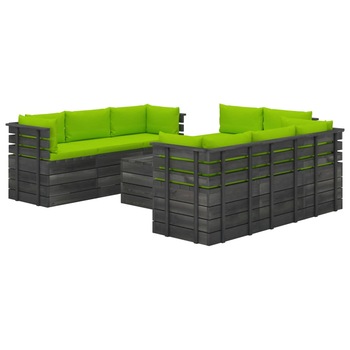 Set mobilier de gradina din paleti cu 1 masa si 8 canapele cu perne colorate, vidaXL, Lemn, 60 x 65 x 71.5 cm, Verde deschis