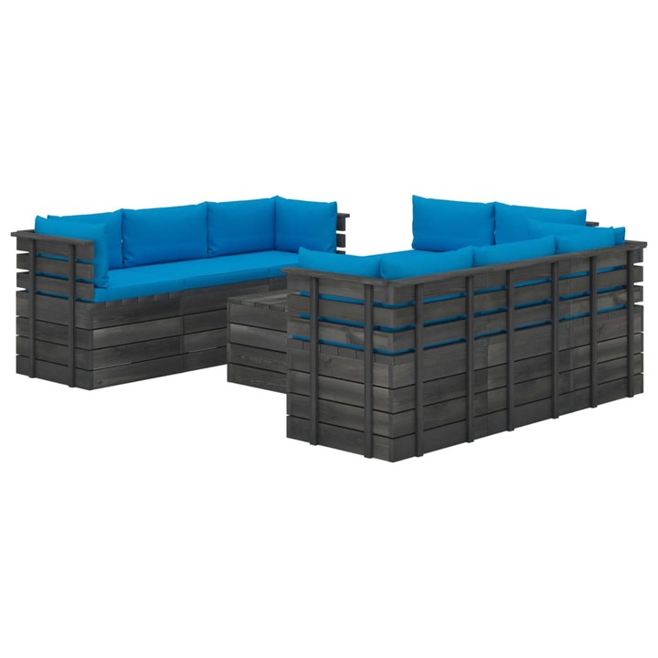 Set mobilier de gradina din paleti cu 1 masa si 8 canapele cu perne colorate, vidaXL, Lemn, 60 x 65 x 71.5 cm, Albastru deschis
