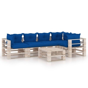 Set mobilier de gradina din paleti cu 1 masa si 5 canapele cu perne colorate, vidaXL, Lemn, 60 x 69.4 x 62 cm, Albastru