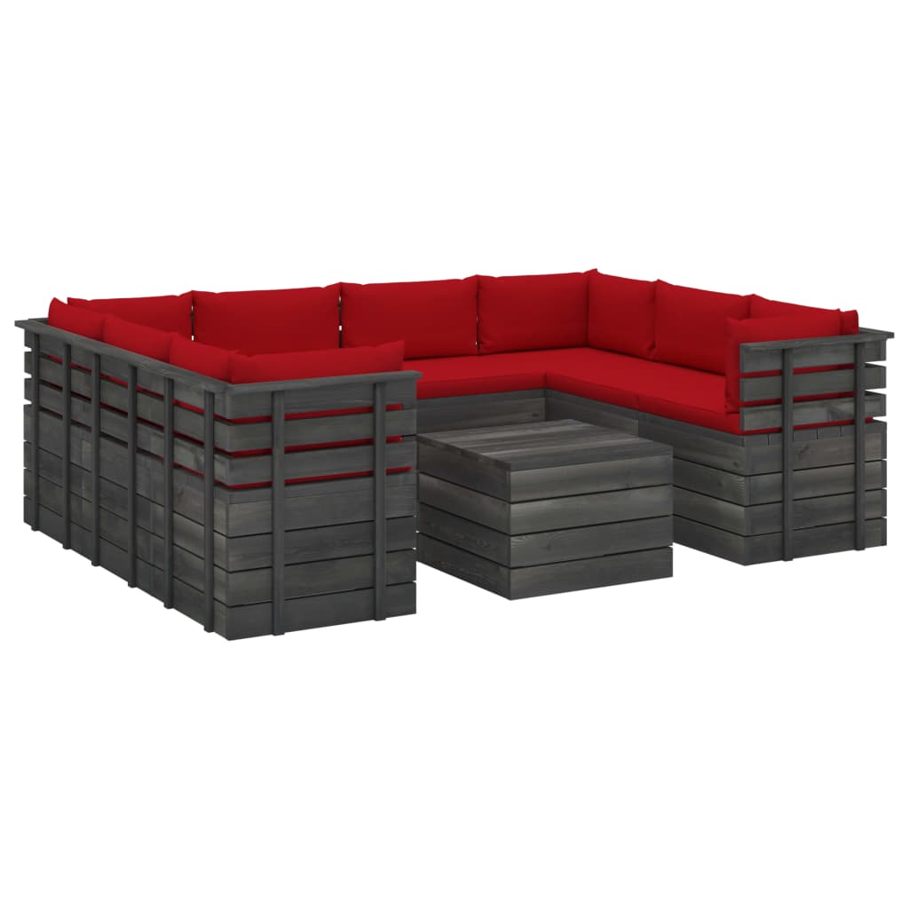 Set mobilier de gradina din paleti cu 9 piese cu perne rosii, vidaXL, Lemn, 60 x 65 x 71.5 cm, Rosu