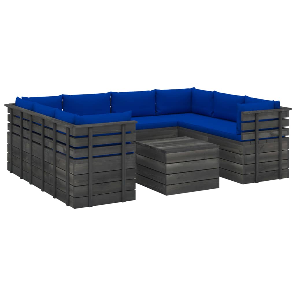 Set mobilier de gradina din paleti cu 9 piese cu perne albastre, vidaXL, Lemn, 60 x 65 x 71.5 cm, Albastru