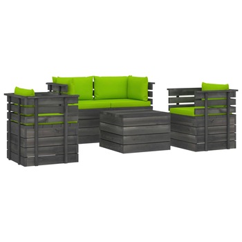 Set mobilier de gradina din paleti cu 1 masa, 2 fotolii si 2 canapele cu perne, vidaXL, Lemn, 60 x 65 x 71.5 cm, Verde deschis