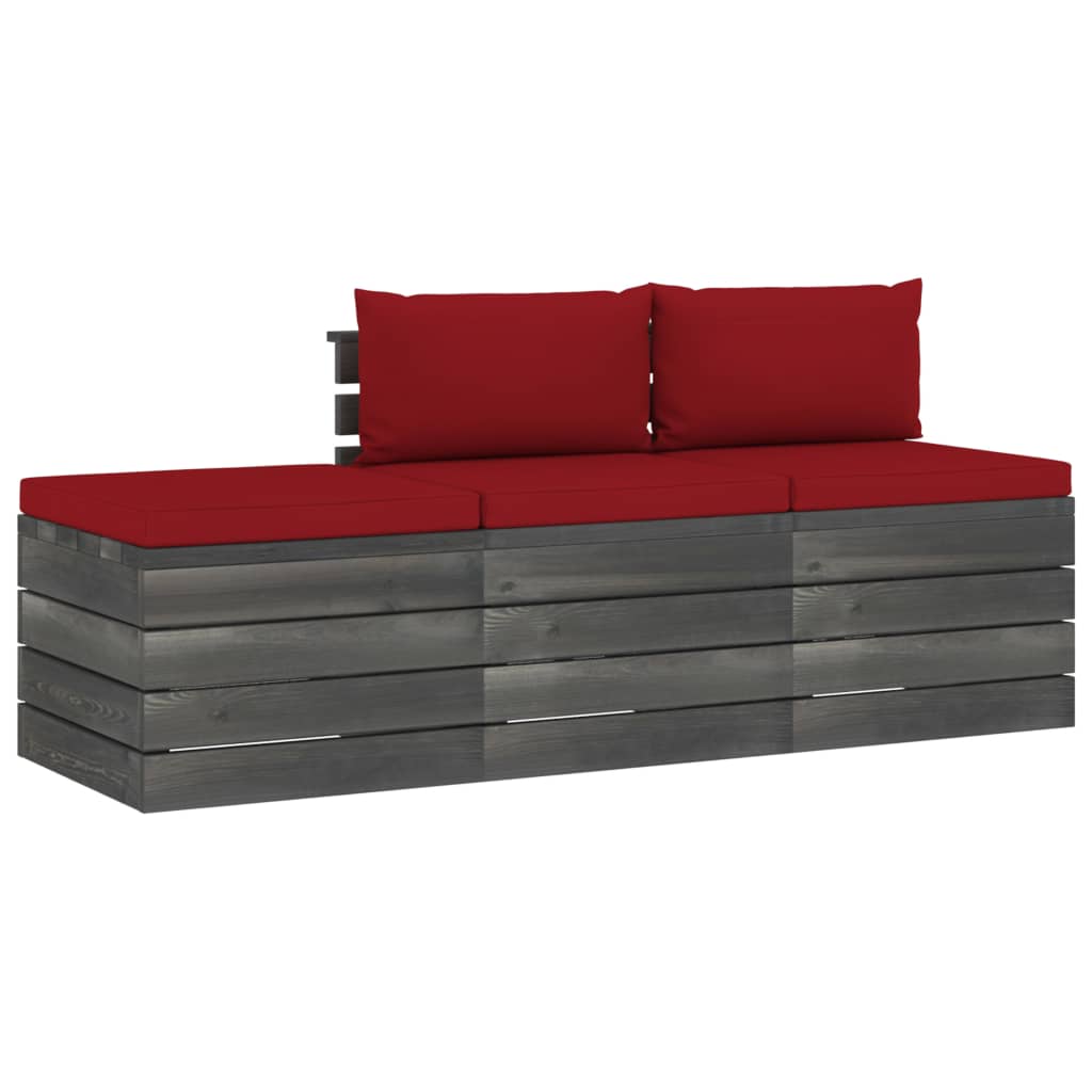Set mobilier de gradina din paleti cu 3 piese cu perne colorate, vidaXL, Lemn, 60 x 65 x 71.5 cm, Rosu vin