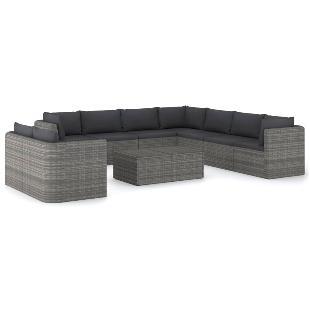 Set mobilier de exterior din ratan cu 10 piese cu perne, vidaXL, Poliratan, 100 x 60 x 33 cm, Gri