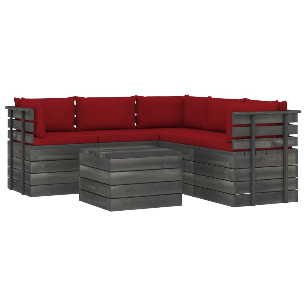 Set mobilier de gradina din paleti cu 1 masa si 5 canapele cu spatar cu perne, vidaXL, Lemn, 60 x 65 x 71.5 cm, Rosu vin