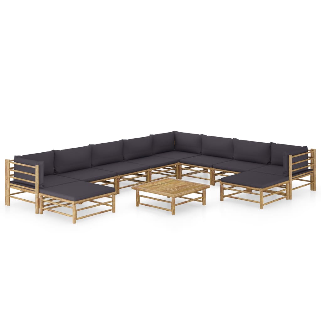 Set mobilier de gradina din bambus cu 11 piese cu perne gri inchis, vidaXL, Bambus, 65 x 70 x 60 cm, Maro