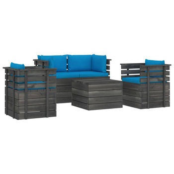 Set mobilier de gradina din paleti cu 1 masa, 2 fotolii si 2 canapele cu perne, vidaXL, Lemn, 60 x 65 x 71.5 cm, Albastru deschis