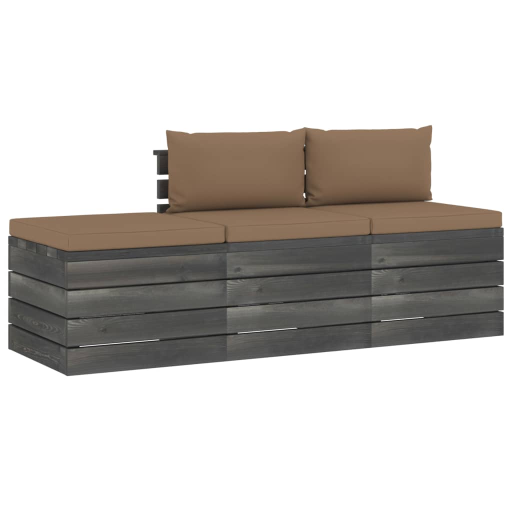 Set mobilier de gradina din paleti cu 3 piese cu perne colorate, vidaXL, Lemn, 60 x 65 x 71.5 cm, Taupe