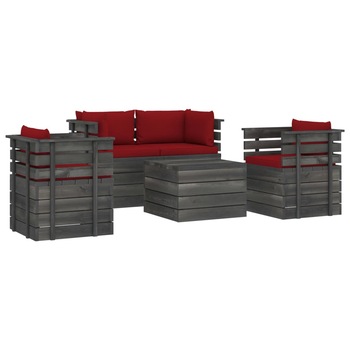 Set mobilier de gradina din paleti cu 1 masa, 2 fotolii si 2 canapele cu perne, vidaXL, Lemn, 60 x 65 x 71.5 cm, Rosu vin