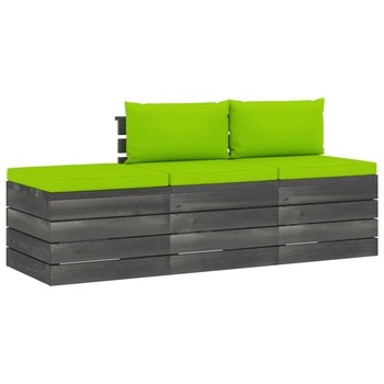 Set mobilier de gradina din paleti cu 3 piese cu perne colorate, vidaXL, Lemn, 60 x 65 x 71.5 cm, Verde deschis