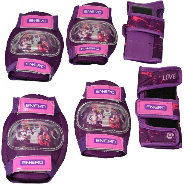 Set cu cotiere, genunchiere si protectii pentru incheieturi Enero Love Kitty, marimea M, mov