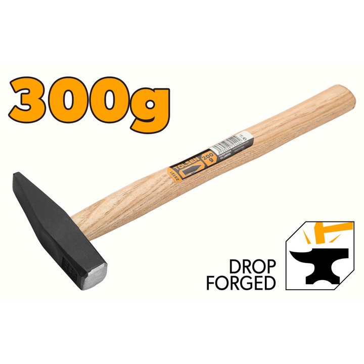 Ciocan Mecanici 300g TOLSEN, Cap Otel Carbon Forjat in Matrita, Tratament Termic, Maner Lemn, suprafata de percutie plana, rezistenta maxima la uzura, maner din lemn lustruit, bara forjata de inalta calitate, ideal pentru lacatuserie si mecanica