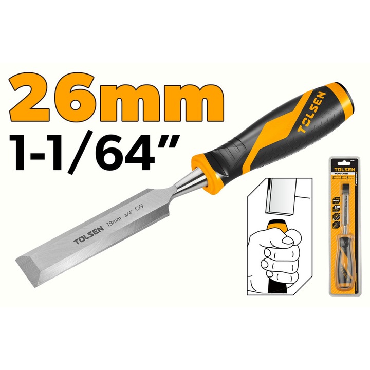 Dalta pentru Lemn 26mm Cr-V Industrial GRIPro TOLSEN, Maner 2 Componente pentru Ergonomie si Reducerea Socurilor, ascutita de inalta precizie, lama Cr-V calita la HRC 60, prindere ergonomica, ideala pentru sculptatura si tamplarie