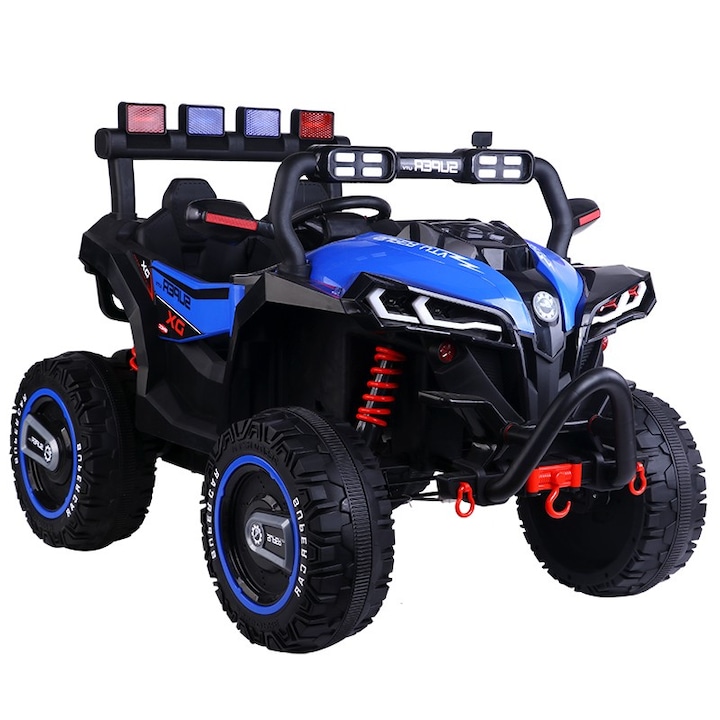 NOVOKIDS Super Beasty Buggy UTV Elektromos autó, akkumulátorral gyerekeknek, 2 üléses, Fényes fényszórókkal, Távirányító, 3-9 év, max 30 kg, 12V, Mp3/USB, 2 sebesség, Hossz 132 cm, Offroad modell, Kék Fekete
