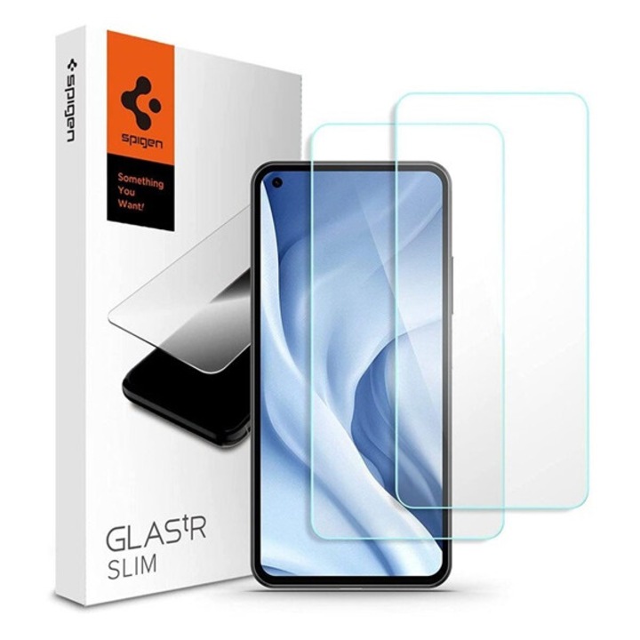 Spigen slim képernyővédő üveg 2db, 2.5d, tokbarát, ultravékony, 0.2mm, extra karcálló, 9h, átlátszó, kompatibilis: Xiaomi 11 Lite 5G NE / Mi 11 Lite 5G / Mi 11 Lite 4G
