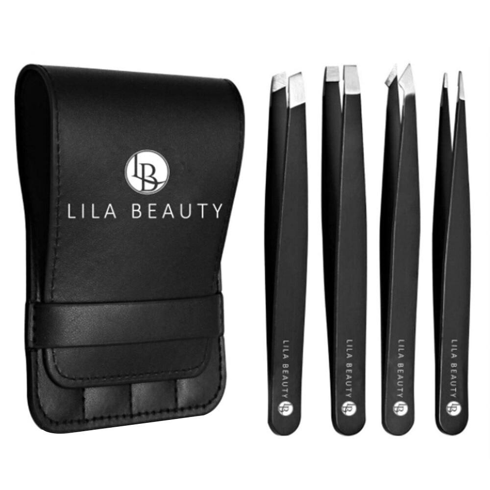 Set 4 pensete pentru gene si sprancene, Lila Beauty, cu husa din piele ecologica