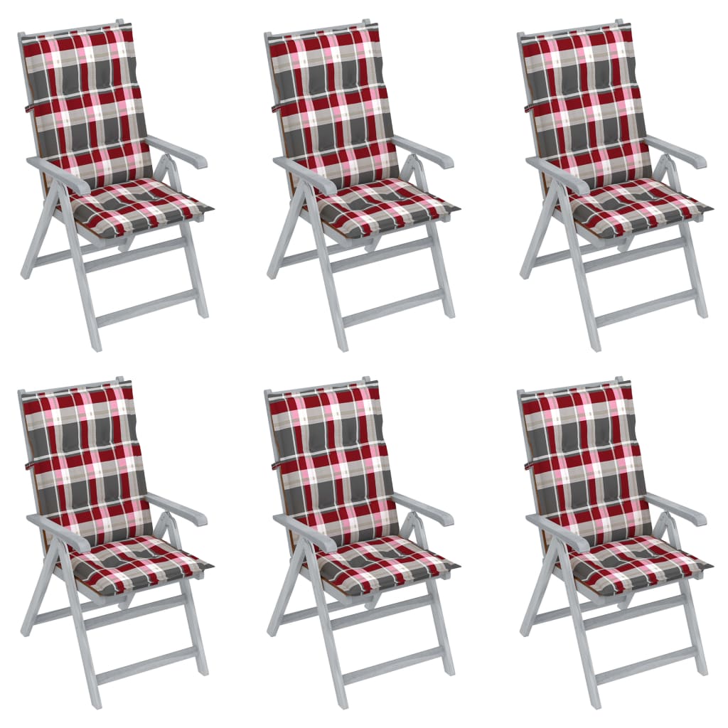 Set de 6 scaune gri de gradina cu perne cu model carouri, vidaXL, Lemn de acacia, Multicolor