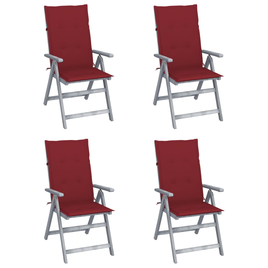 Set de 4 scaune pliabile de gradina cu perne cu snur, vidaXL, Lemn de acacia, 57 x 69 x 111 cm, Rosu inchis