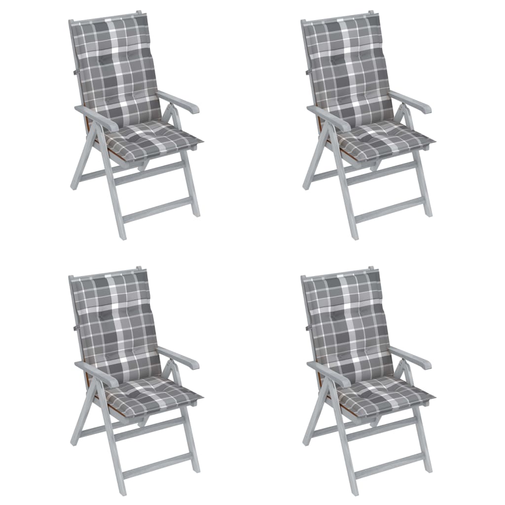 Set de 4 scaune de gradina cu perne cu model carouri, vidaXL, Lemn de acacia, 57 x 69 x 111 cm, Gri