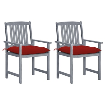 Set de 2 scaune gri de regizor cu maner si perne de sezut, vidaXL, Lemn de acacia, 57 x 60 x 92 cm, Gri/Rosu