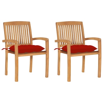 Set de 2 scaune de exterior cu maner cu perne, vidaXL, Lemn de tec, 60 x 57.5 x 90 cm, Rosu