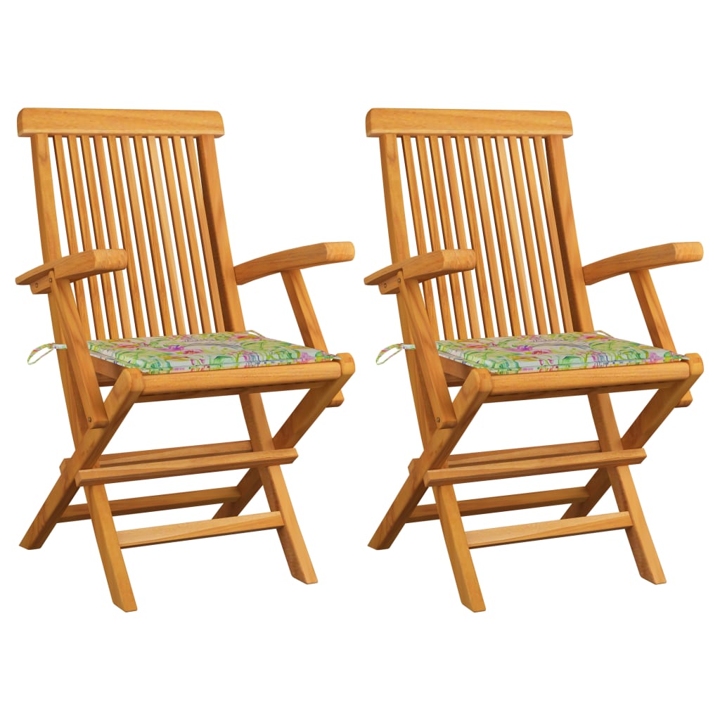 Set de 2 scaune de exterior pliabile cu perne de sezut cu model, vidaXL, Lemn de tec, 55 x 60 x 89 cm, Multicolor