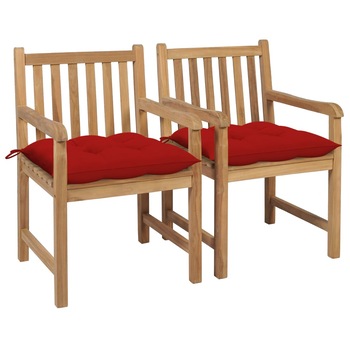 Set de 2 scaune de exterior cu design rustic cu perne, vidaXL, Lemn de tec, 58 x 60 x 90 cm, Rosu