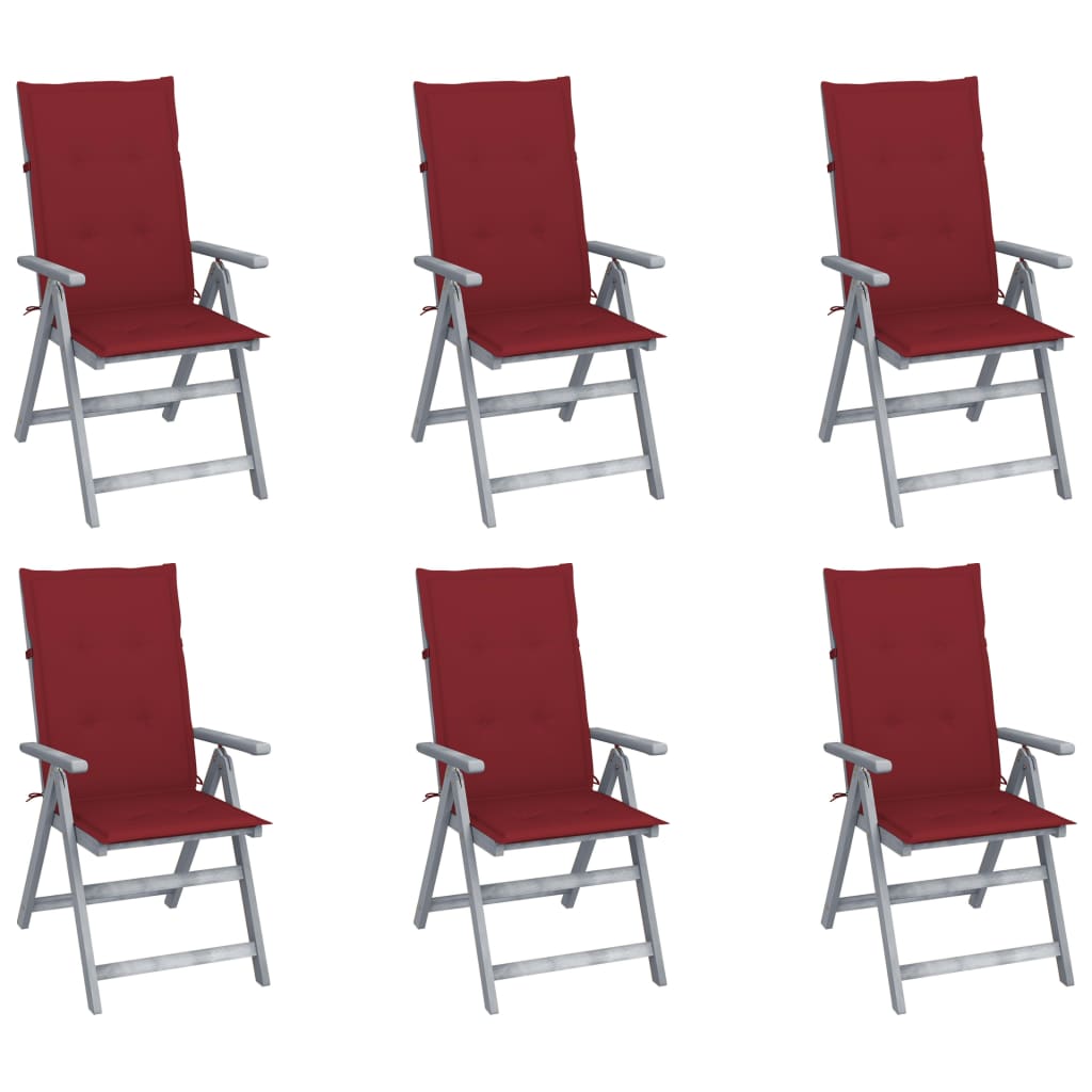 Set de 6 scaune gri de gradina cu perne colorate cu snur, vidaXL, Lemn de acacia, 57 x 69 x 111 cm, Rosu vin