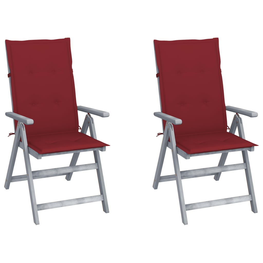 Set de 2 scaune gri de gradina cu perne colorate cu snur, vidaXL, Lemn de acacia, 56 x 70 x 110 cm, Rosu vin