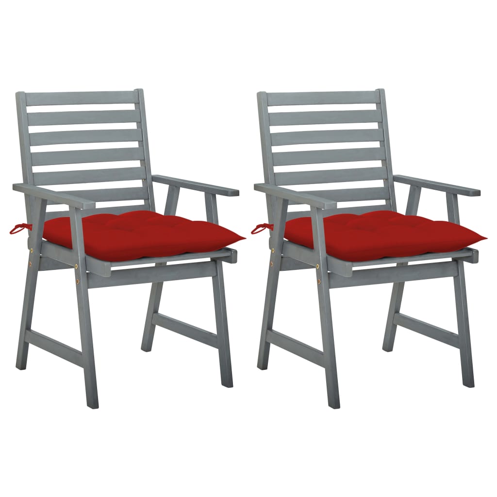 Set de 2 scaune gri de exterior cu perne de sezut colorate, vidaXL, Lemn de acacia, 56 x 62 x 92 cm, Rosu