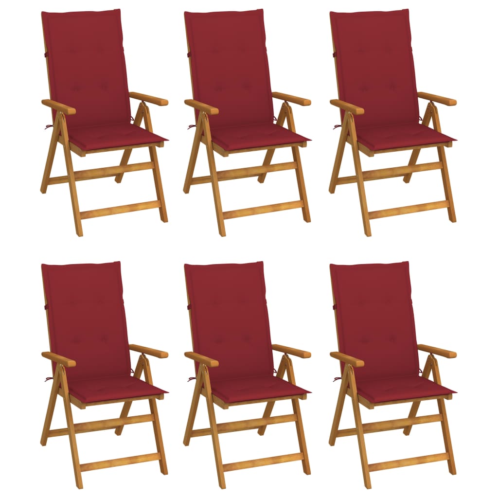 Set de 6 scaune de gradina cu perne, vidaXL, Lemn, 57 x 69 x 111 cm, Rosu vin