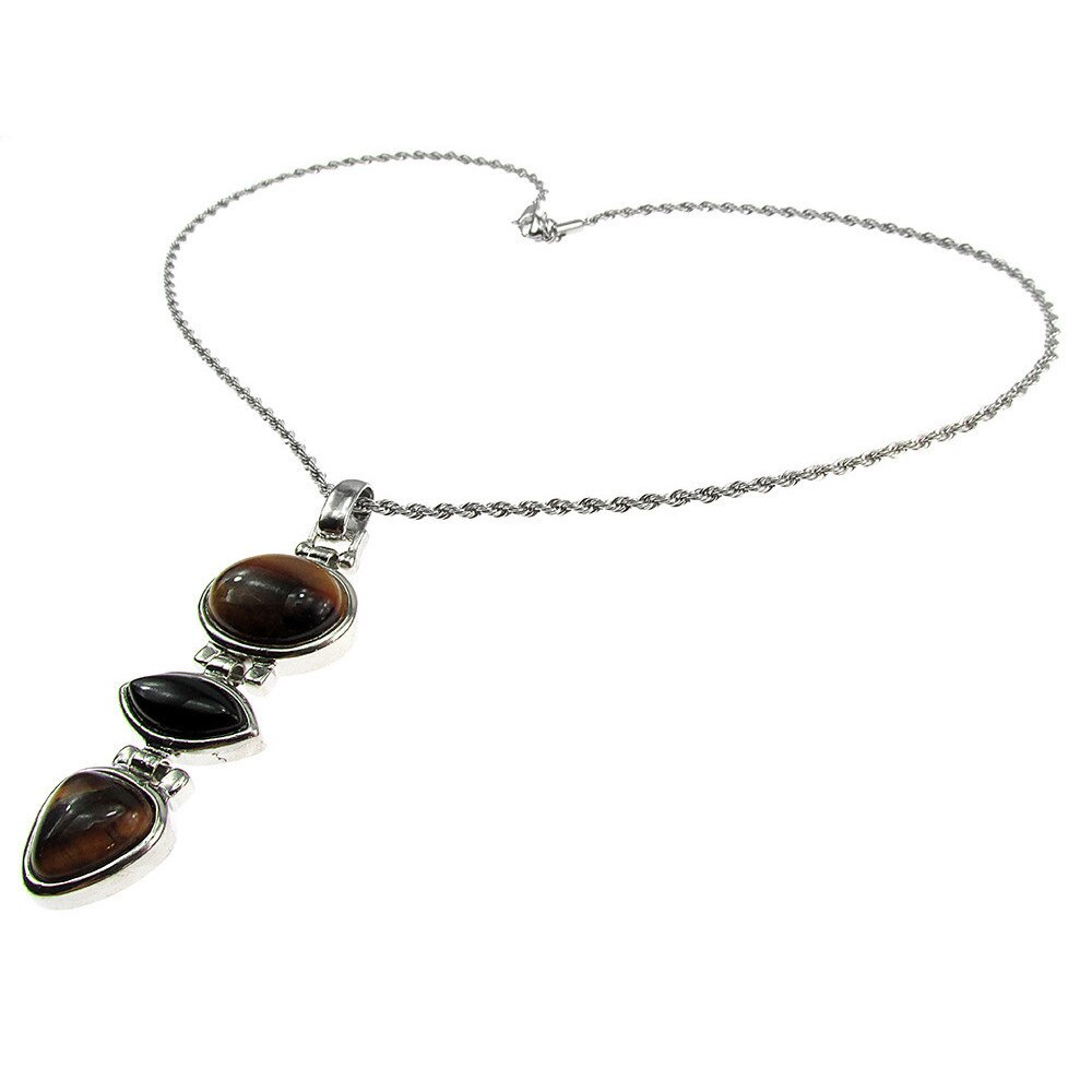 Colier inox cu pandantiv lung de ochi de tigru si onix