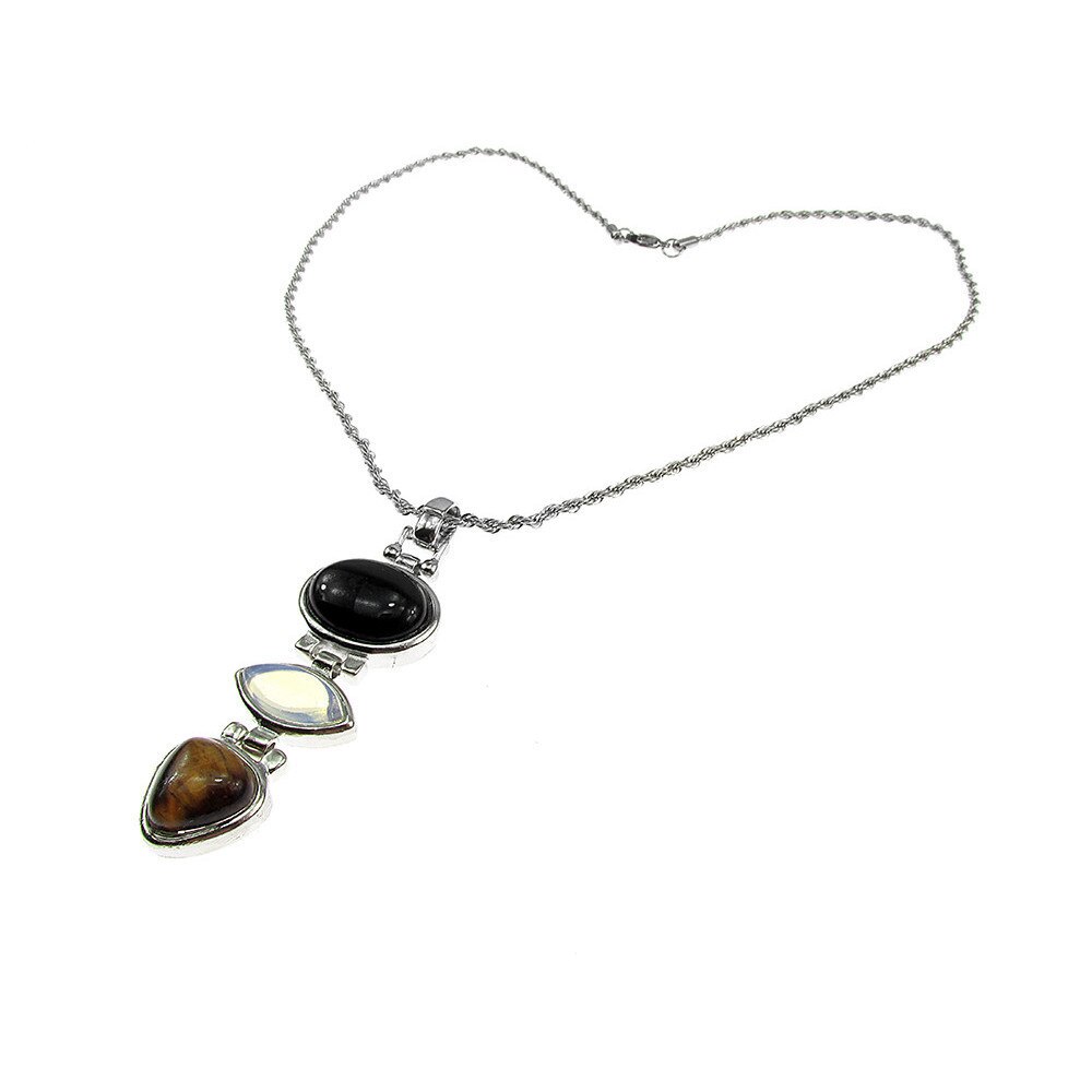 Colier inox cu pandantiv lung de onix, opalit si ochi de tigru