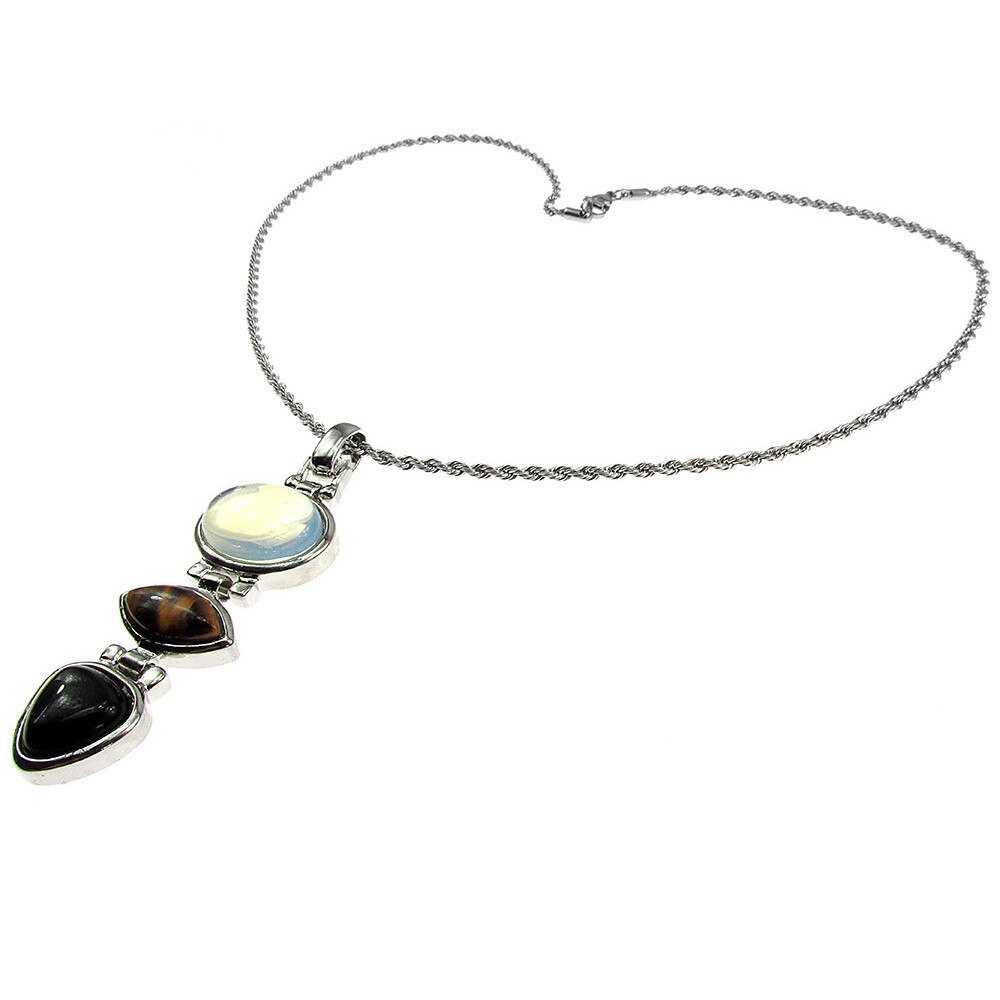 Colier inox cu pandantiv lung de opalit, ochi de tigru si onix