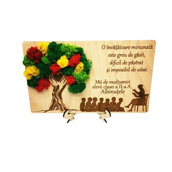 Cadou pentru invatatoare, tablou cu licheni gravat cu mesaj, 25x16 cm Cadou pentru invatatoare, tablou cu licheni gravat cu mesaj, 25x16 cm