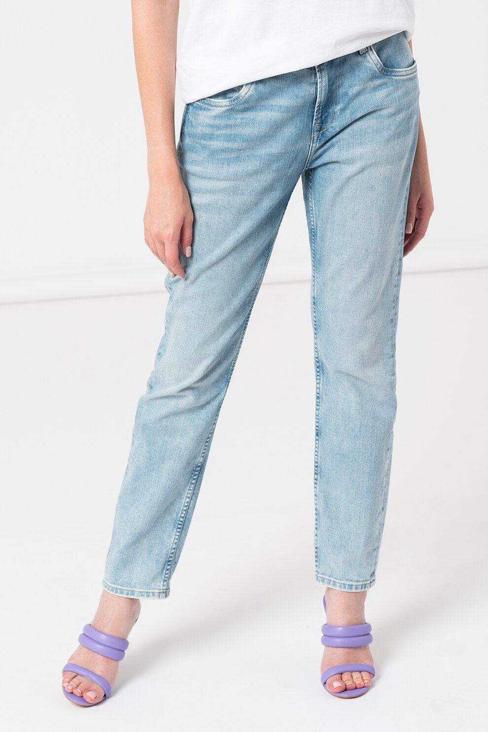 Pepe Jeans London, Blugi mom fit cu aspect decolorat Violet, Albastru deschis, 26