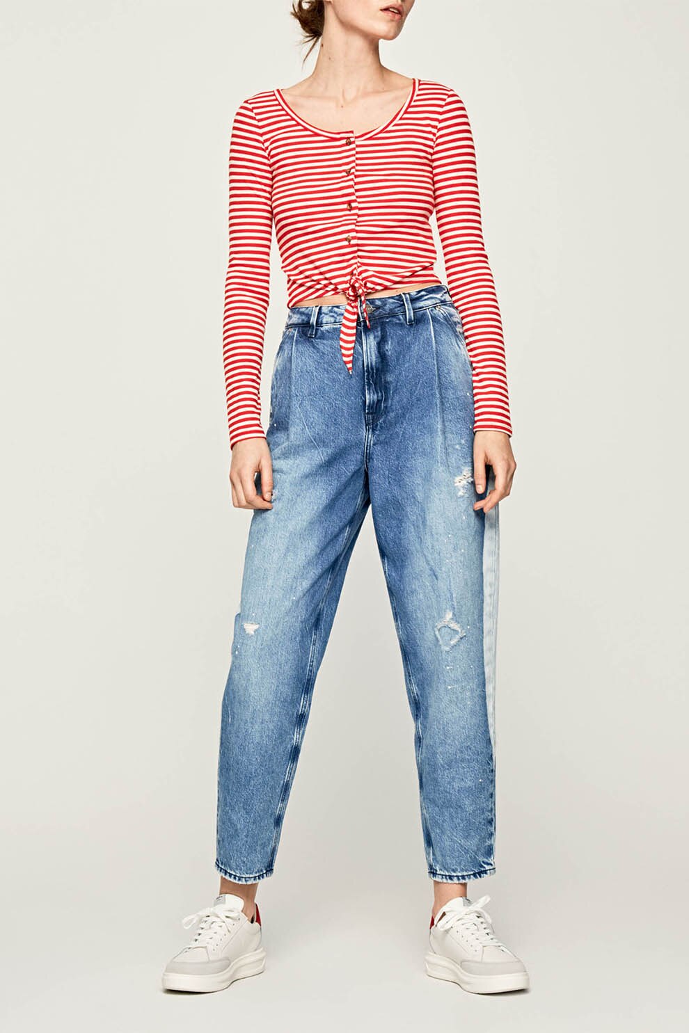 Pepe Jeans London, Bluza cu prindere cu nod, Rosu/Alb