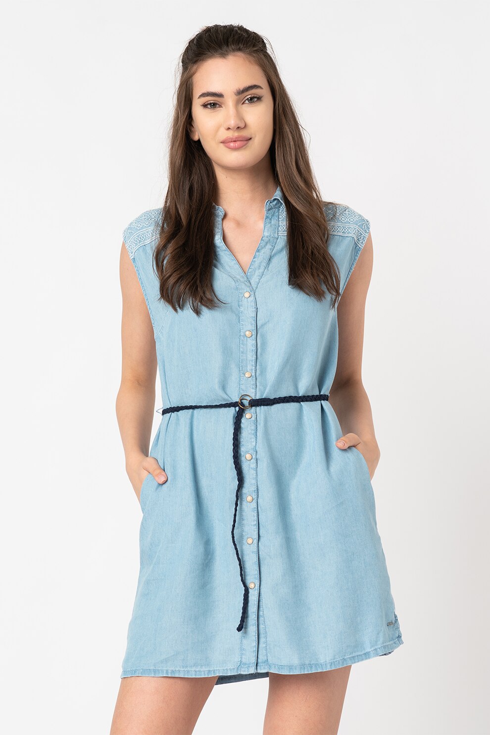 Pepe Jeans London, Rochie de lyocell Benny, Bleu/Alb