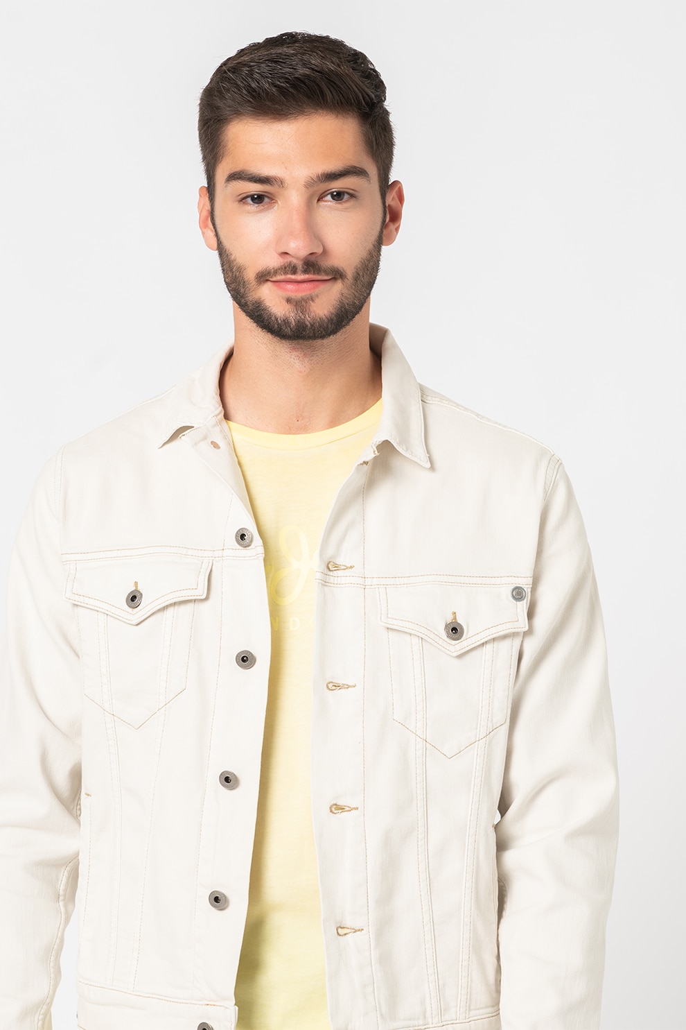 Pepe Jeans London, Jacheta din denim cu nasturi Pinner, Alb prafuit, M