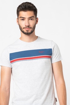 Pepe Jeans London, Tricou slim fit din amestec de bumbac Bender, Gri deschis melange/bleumarin/rosu, L Pepe Jeans London, Tricou slim fit din amestec de bumbac Bender, Gri deschis melange/bleumarin/rosu, L