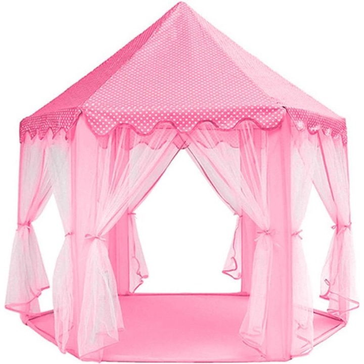 Cort de joaca pentru copii, Zola, stil cort, cu perdele, roz, inaltime totala 140 cm